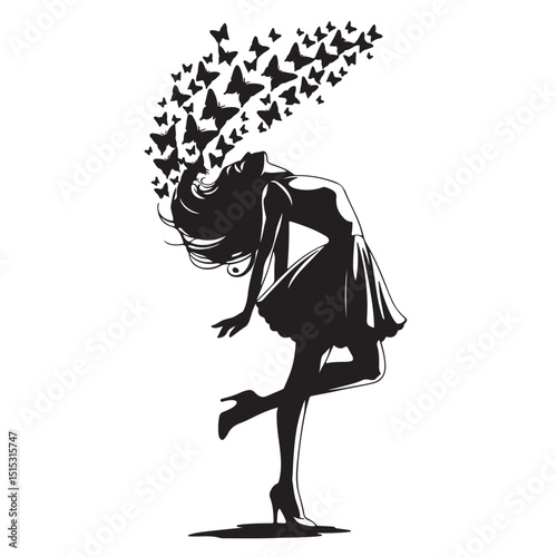 A black vector illustration presents a silhouette of a woman with flowers, showcasing a fashionable figure in a pose