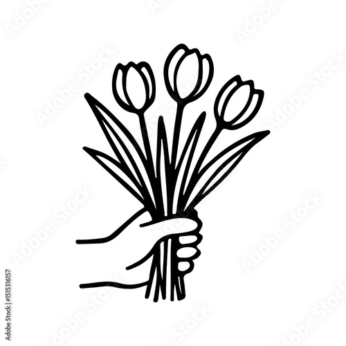 Sketch of a bouquet of flowers with tulips, which is held in your hands