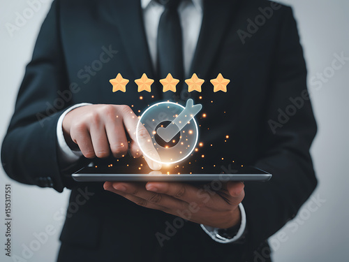 Executive using review and trust rating overlay on tablet visualizing advanced digital cer