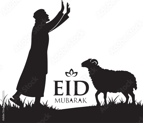Eid Mubarak silhouette of Muslim man praying beside sacrificial sheep with decorative floral symbol, Eid al-Adha celebration concept
