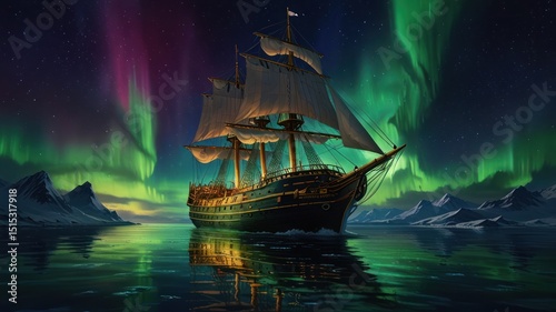 A majestic sailing vessel navigates a placid icy sea under a vibrant aurora borealis