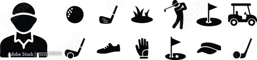 Golf sport icon set with player silhouettes, equipment, and activity symbols in solid black