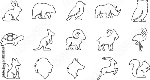 Animal outline vector icon set with forest and wild animals including deer, birds, rabbit, squirrel, and elephant