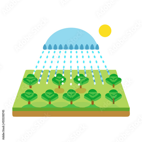 Vector of a field being watered by sprinklers

