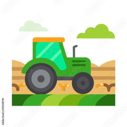 Vector of a green tractor on farmland
