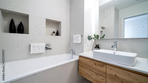 Modern minimalist bathroom with a freestanding bathtub and a wooden vanity