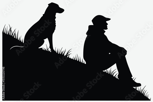 A  dog sitting next to its owner on a hill silhouette image vector art and illustration