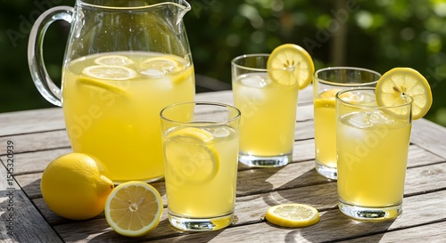 Serving Fresh Lemonade with Ice on Wooden Table Outdoors