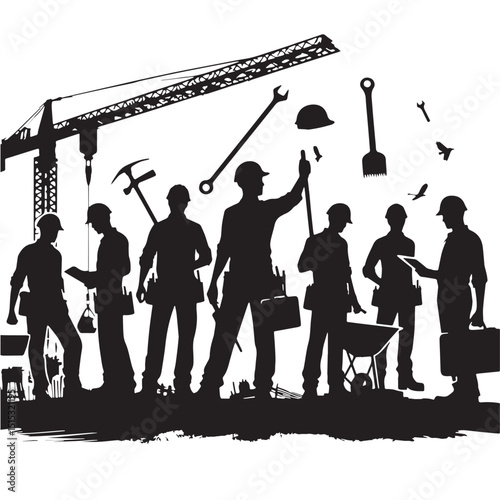 Black Color Construction Silhouette Vector Illustration, Solid White Background