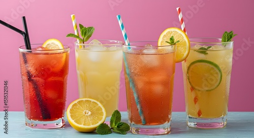 Refreshing Summer Drinks Assortment with Fruit and Ice