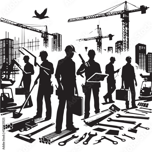 Black Color Construction Silhouette Vector Illustration, Solid White Background