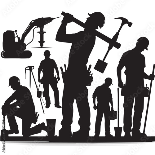 Black Color Construction Silhouette Vector Illustration, Solid White Background