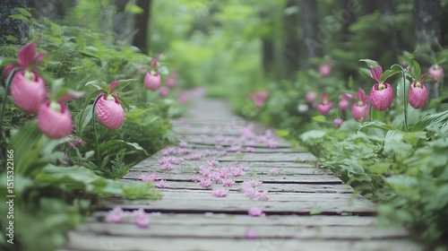 Pink Lady Slipper Orchids Forest Path Spring