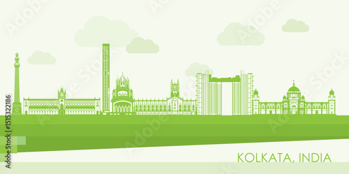 Green Skyline panorama of city of Kolkata, India - vector illustration