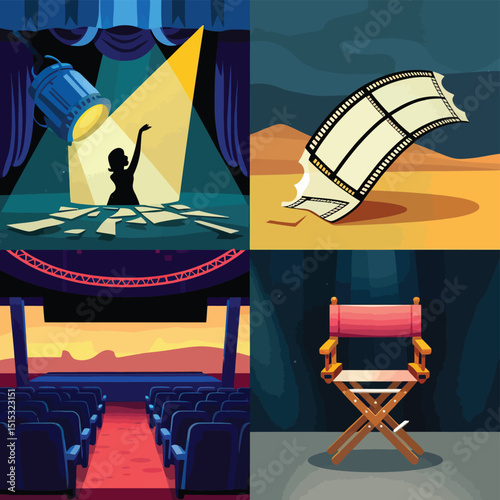 vector icons for cinema, Director's Chair , theatrical roles, video tape, cinema shattered spotlight, Theater Ticket
