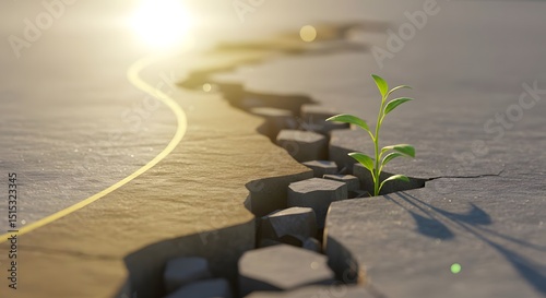 Plant Growing Through Crack Symbolizing Resilience and Growth