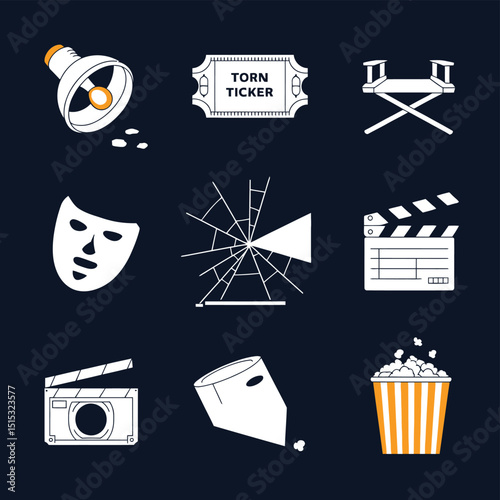 vector icons for cinema, Director's Chair , theatrical roles, video tape, cinema shattered spotlight, Theater Ticket
