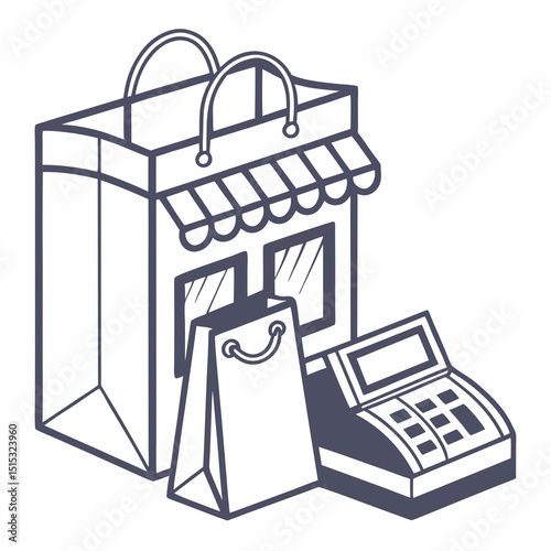 Vector illustration of shopping bags and cash register for retail business