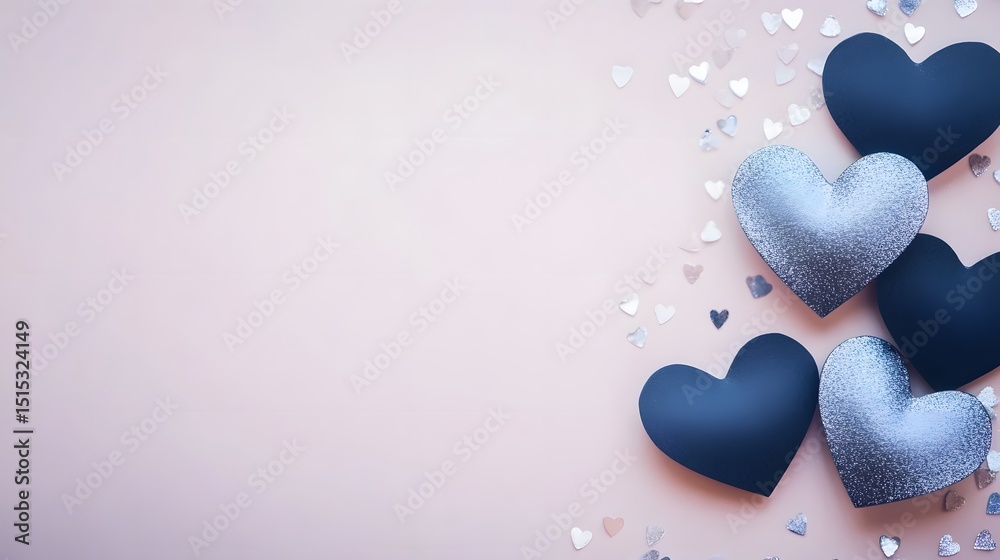 Fototapeta premium Romantic Silver and Black Hearts Pink Background Valentines Day