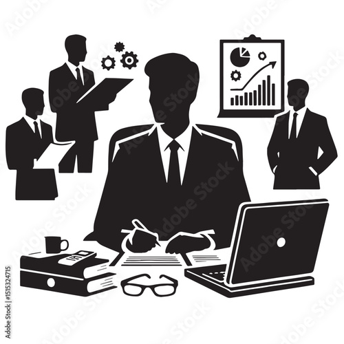 Black Color Consulting Silhouette Vector Illustration, Solid White Background