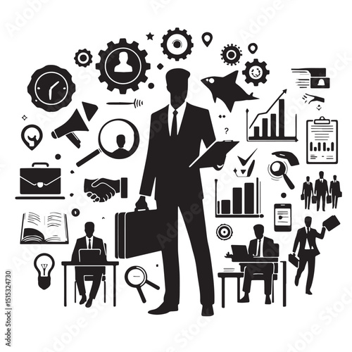 Black Color Consulting Silhouette Vector Illustration, Solid White Background
