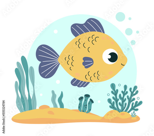 Cute Sea fish and algae on sandy seabed. Funny tropical Cartoon swimming animal. Underwater seascape landscape. Vector illustration. Kids collection