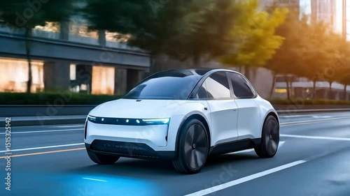 Modern white electric car on city street