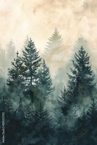 Watercolor green yellow contrast tinted forest postcard shilouette motif with fog as vertical background element with copyspace 2