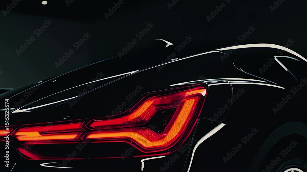 Closeup of a modern car taillight glowing red at night complex led pattern sharp sporty design automotive technology detail safety brake signal luxury vehicle dark sleek back end
