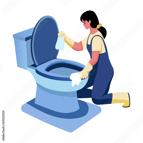 A flat style illustration showing a character cleaning toilet