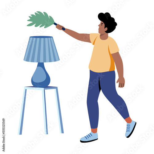 A flat style illustration showing a character dusting lamp