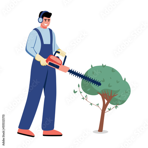 A flat style illustration showing a character trimming bushes