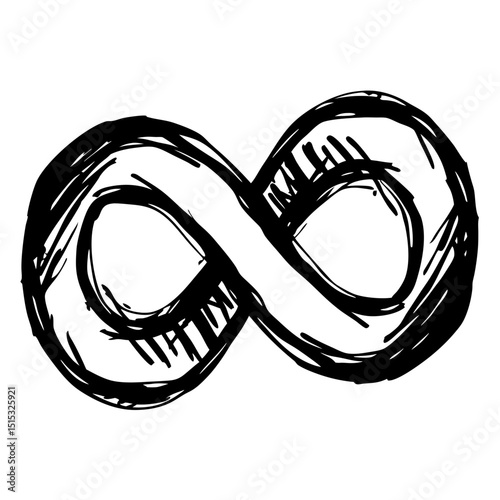 Hand-drawn infinity symbol in black and white sketch style  