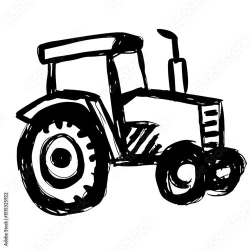 Hand-drawn tractor illustration in black and white style  