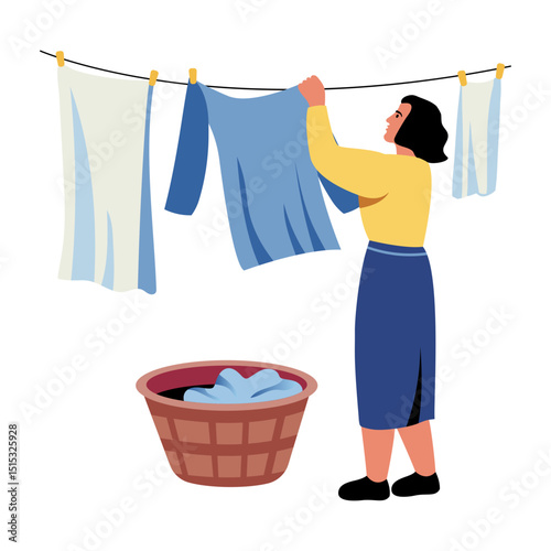 A flat style illustration showing a character hanging clothes