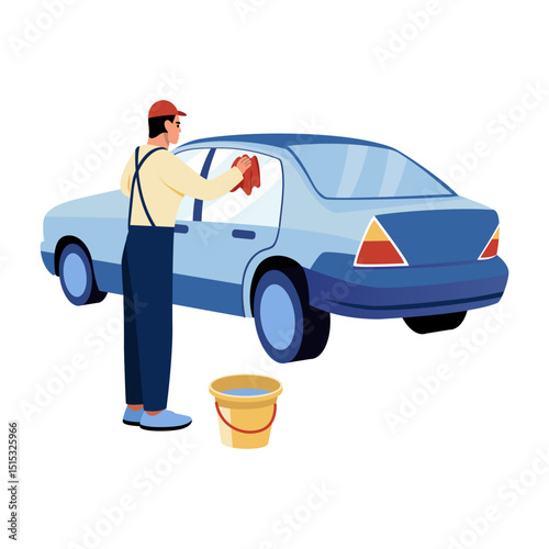 A flat style illustration showing a character cleaning car