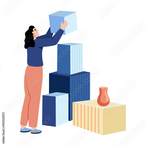 A flat style illustration showing a person organizing boxes