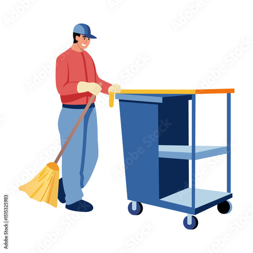 A flat style illustration showing a person cleaning trolley