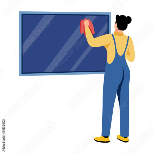 A flat style illustration showing a person cleaning tv