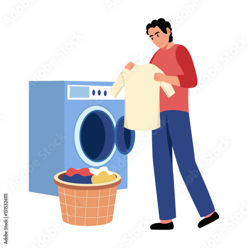 A flat style illustration showing a person doing laundry