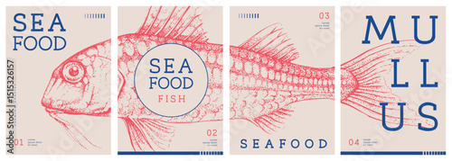 Set of modern magazine covers or posters with mullus fish. Restaurant seafood menu design. Vector illustration