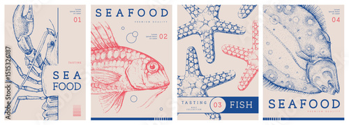 Set of modern magazine covers or posters with lobster, fish and starfish. Restaurant seafood menu design. Vector illustration