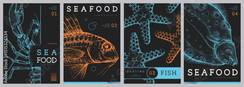 Set of modern magazine covers or posters with lobster, fish and starfish. Restaurant seafood menu design. Vector illustration