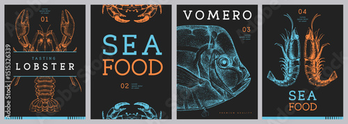 Set of modern magazine covers or posters with lobster, crab, vomero fish and shrimps. Restaurant seafood menu design. Vector illustration