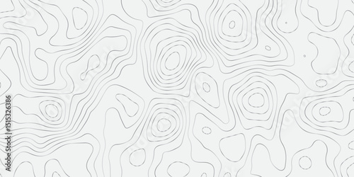 "Abstract Topographic map design with grey lines seamless pattern on white background. Geographic contour map paper texture. Retro topographic map, geographic mountain relief. Vector. Illustration"