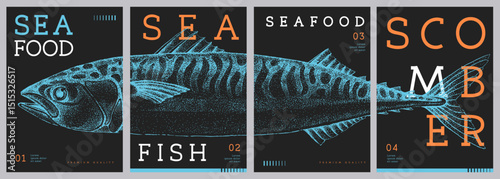Set of modern magazine covers or posters with scomber fish. Restaurant seafood menu design. Vector illustration