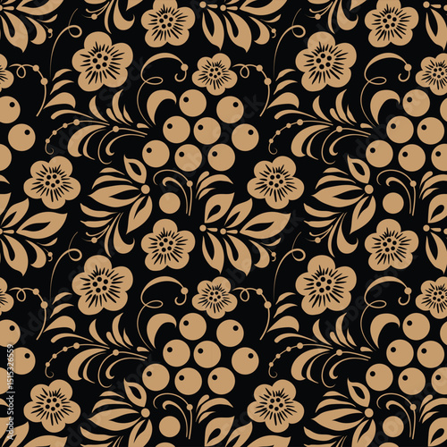 Gold russian old style ornament Hohloma seamless pattern. Vector Floral slavic traditional decoration motive. For cards, fabric, textiles, clothing, packaging.