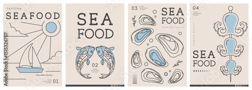 Set of modern magazine covers or posters with line art seafood. Restaurant seafood menu design. Vector illustration