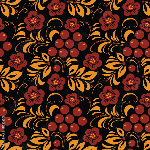 Russian old style ornament Hohloma in gold and red colors seamless pattern. Vector Floral slavic traditional decoration motive. For cards, fabric, textiles, clothing, packaging.