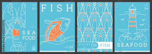 Set of modern magazine covers or posters with line art seafood. Restaurant seafood menu design. Vector illustration